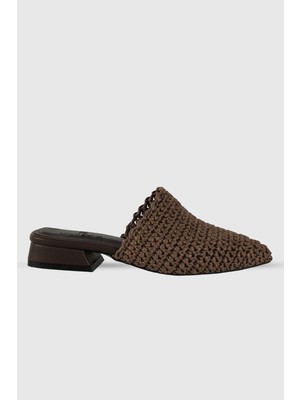 Elanor Kahve Örgü Kadın Kısa Kalın Topuklu Terlik