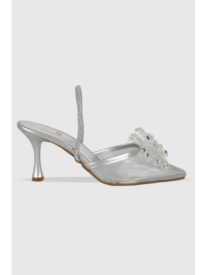 Regina Gümüş Şeffaf Taş Detay Lastikli Kadın Topuklu Ayakkabı