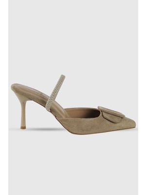 Sahra Bej Süet Toka Detay Arka Lastikli Kadın Topuklu Ayakkabı