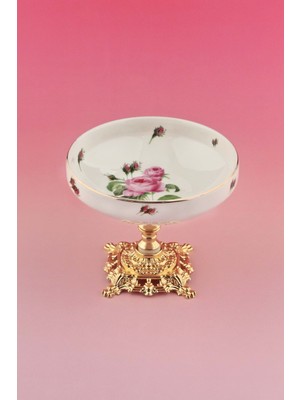 Bursa Porselen Dekor Pembe Gül Metal Ayaklı Porselen Kase