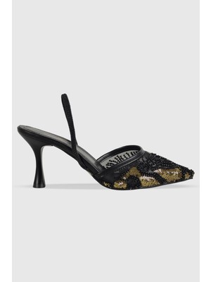 Leila Siyah Pullu Arkası Lastikli Sivri Burun Kadın Topuklu Ayakkabı