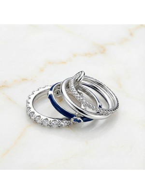 Zeino Mavi Detaylı 4'lü Zirkon Taşlı Ayrılabilir Yüzük Seti - Gümüş Rengi Kaplama