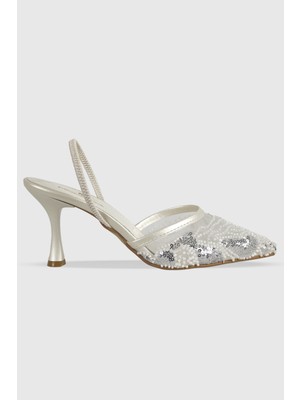 Leila Sedef Pullu Arkası Lastikli Sivri Burun Kadın Topuklu Ayakkabı