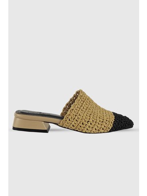 Elanor Nude Önü Siyah Örgü Kadın Kısa Kalın Topuklu Terlik