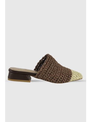 Elanor Kahve Önü Bej Örgü Kadın Kısa Kalın Topuklu Terlik