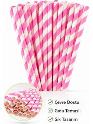 Nasyonel Toys Pembe Beyaz Çizgili Kağıt Pipet | Doğum Günü & Parti Pipeti | Çevre Dostu