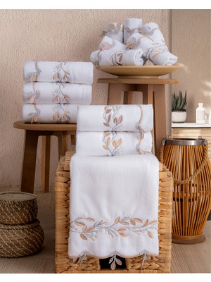 Hazangülü Collection Buldan Üretimi Çeyizlik Rüya Kadife Beyaz 6'lı El/yüz Havlusu I 50X90