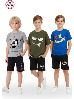Fyk Kids 3'lü Yuvarlak Yaka Baskı Detaylı Erkek Çocuk 6 Parça Alt Üst Takım