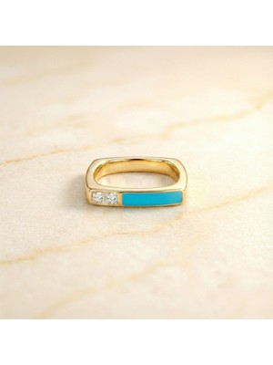 Zeino Kare Bebe Mavi Zirkon Taşlı Yüzük - 14K Altın Rengi Kaplama