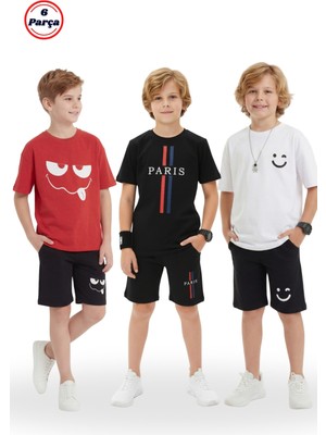 Fyk Kids 3'lü Yuvarlak Yaka Baskı Detaylı Erkek Çocuk 6 Parça Alt Üst Takım