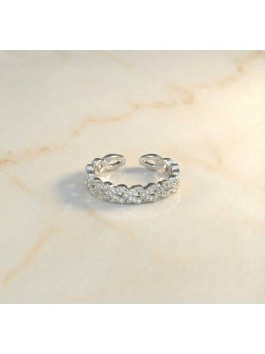 Zeino Çok Kalpli Zirkon Taşlı Ayarlanabilir Yüzük - Gümüş Rengi Kaplama