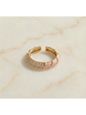 Zeino Pembe Mineli Zirkon Taşlı Ayarlanabilir Yüzük - 14K Altın Rengi Kaplama