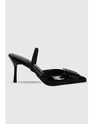 Sahra Siyah Rugan Toka Detay Arka Lastikli Kadın Topuklu Ayakkabı