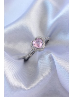 Erbilden Erb Gümüş Renk Pembe Zirkon Taşlı Kalp Charm Model Pirinç Kadın Yüzük