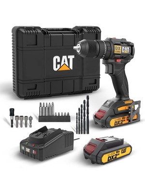 Cat DX1010.1 18VOLT 2.0AH Li-Ion Çift Akülü Kömürsüz Profesyonel Şarjlı Darbeli Matkap + 20 Parça Delme Vidalama Uç Seti