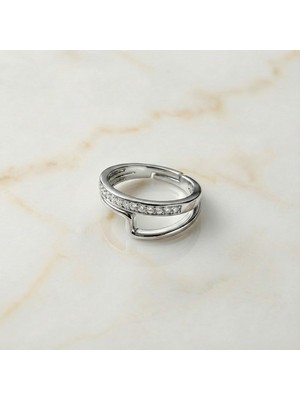 Zeino Çift Sıra Zirkon Taşlı Ayarlanabilir Yüzük - Gümüş Rengi Kaplama