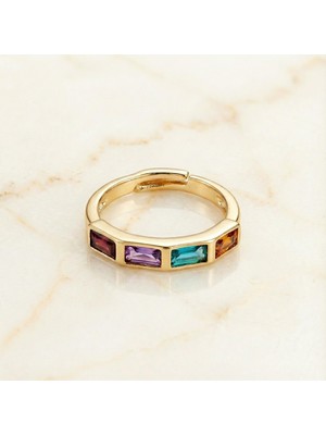 Zeino Renkli Dikdörtgen Taşlı Ayarlanabilir Yüzük - 14K Altın Rengi Kaplama