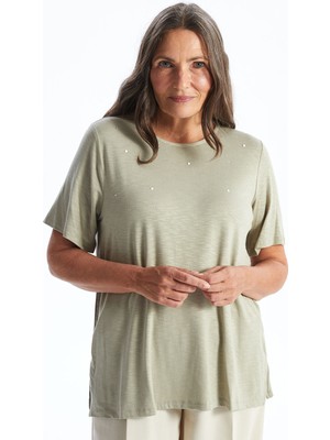 Lc Waikiki Yeni Sezon Bisiklet Yaka Taşlı Kısa Kollu Kadın Tişört