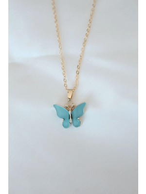 Renklime Gold Kaplama Turkuaz Renk Sedefli Kelebek Kolye