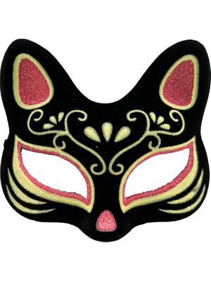 Renklime Siyah Süet Kırmızı Sarı Simli Kedi Maskesi