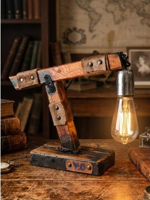 Woodylight Rustik El Yapımı Masif Ahşap Masa Lambası - Retro Edison Tasarım Dekoratif Gece Lambası