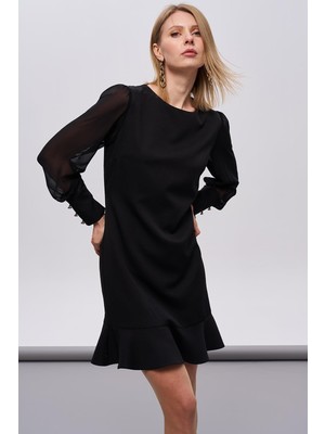 Journey Sıfır Yaka-Kol Tül Detaylı, Etek Altı Volanlı Elbise