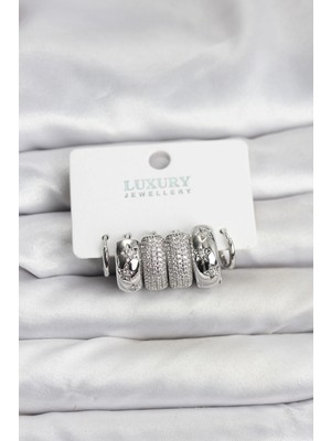 Renklime Zirkon Taşlı Pirinç Gümüş Renk Halka Kadın Küpe Seti