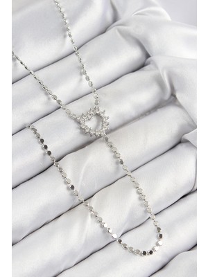 Renklime Pirinç Zirkon Taşlı Ezme Zincirli Kalp Model Gümüş Renk Y Kolye