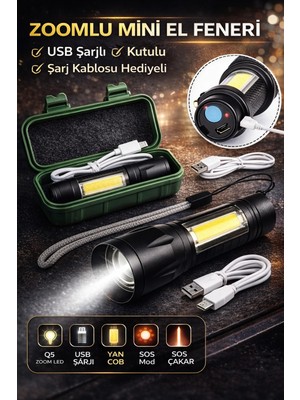 Renklime USB Şarjlı Zoomlu Mini El Feneri Q5 Güçlü Işık Yan Cob LED Sos Mod Kutulu Şarj Kablolu Set