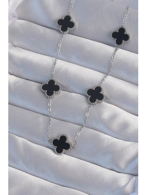 Renklime 316L Çelik Gümüş Renk Siyah Mineli Yonca Kolye