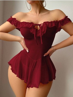 Dosesa Bordo Fırfır Yakalı Omuz Dekolteli Gecelik Elbise