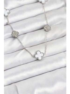 Renklime 316L Çelik Zincir Gümüş Renk Beyaz ve Zirkon Taşlı Yonca Kadın Kolye