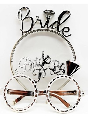 Renklime Bride Yazılı Taç ve Bride To Be Yazılı Gözlük Seti Gümüş Renk