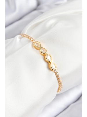 Renklime Pirinç Zirkon Taşlı Sonsuzluk Model Gold Renk Asansörlü Kadın Bileklik