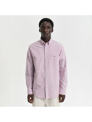 Gant Erkek Kırmızı Regular Fit Düğmeli Yaka Çizgili Gömlek