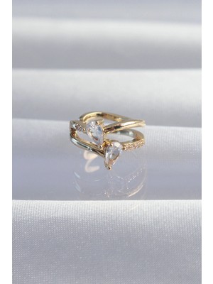 Renklime Pirinç Gold Renk Zirkon Taşlı Damla Earcuff Küpe