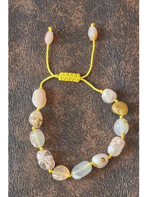 Pozitif Doğal Taş Flower Agate, Çiçek Akik Bileklik, Makrome Ayarlı 545-2