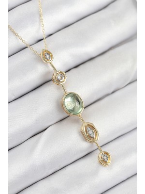 Renklime Pirinç Zincir Yeşil Gold Renk Zirkon Taşlı Y Kolye