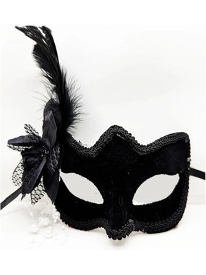 Renklime Siyah Süet Yandan Tüylü Incili Parti Maskesi