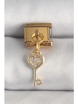 Renklime 316L Çelik Gold Renk Sallantı Zirkon Taşlı Kalpli Anahtar Model Nomination Charm