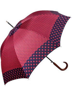 Normadia Kadın Uzun Baston Şemsiye Lacivert Puantiyeli Kırmızı 23