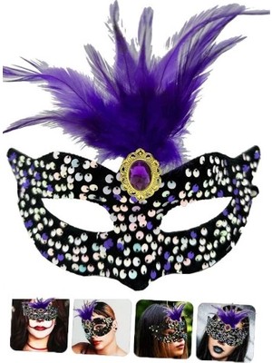 Renklime Siyah Kadife Payetli Pullu Mor Tüylü Parti Maskesi