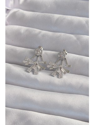 Renklime Pirinç Gümüş Renk Zirkon Taşlı Yassı Fiyonk Model Küpe