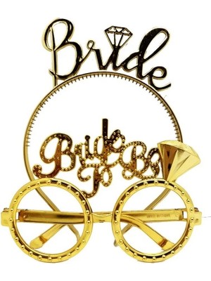 Renklime Bride Yazılı Taç ve Bride To Be Yazılı Gözlük Seti Altın Renk
