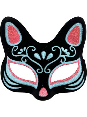 Renklime Siyah Süet Mavi Kırmızı Simli Kedi Maskesi