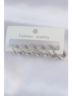 Renklime Pirinç Gümüş Renk Oval Küpe Seti
