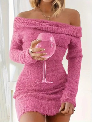 Veralya Kadın Uzun Kollu Omuzlardan Açık Kısa Şardonlu Triko Elbise