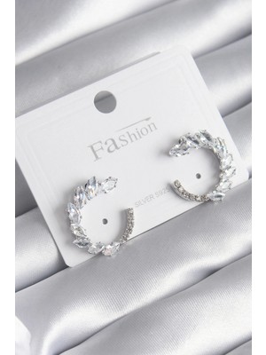 Datatek Pirinç Gümüş Renk Zirkon Taşlı Kadın Küpe