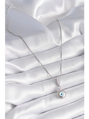 Datatek 316L Çelik Gümüş Renk Zirkon Taşlı Nazar Boncuk Model Kadın Kolye