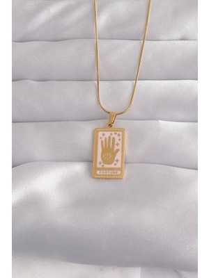 Datatek 316L Çelik Gold Renk Pembe Mineli El Figür Tarot Kolye